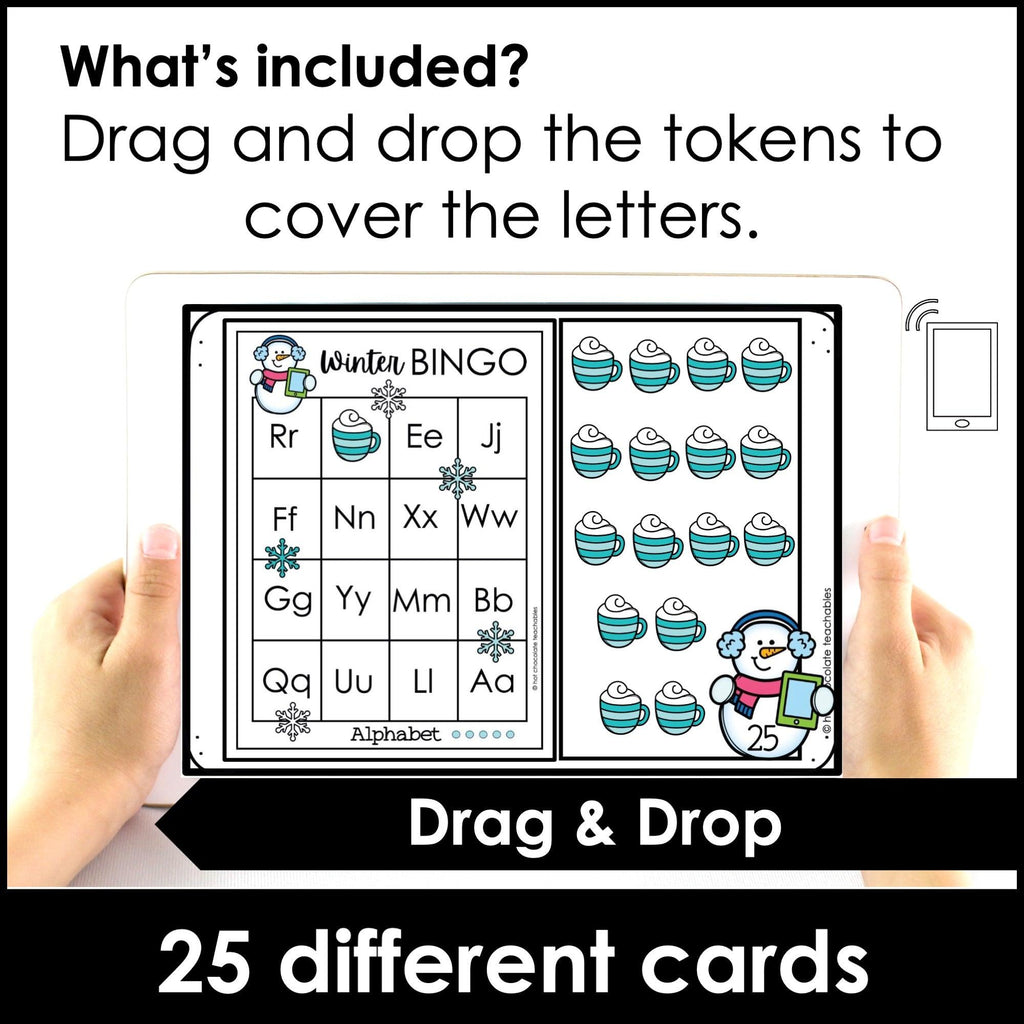 Winter Alphabet Fluency Digital Bingo Game Boom Cards™ | Uppercase & Lowercase - Hot Chocolate Teachables