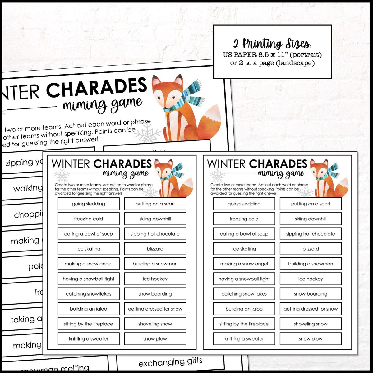 Winter Charades Game Cards for Kids - Fun Party Game