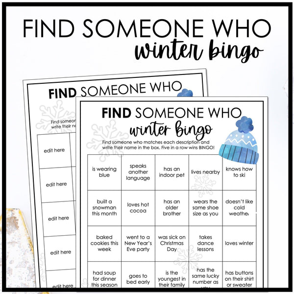 Winter Find Someone Who Printable Bingo Game, Holiday Party Game, Winter Classroom Activity for Kids, Winter Office Party Game - Hot Chocolate Teachables