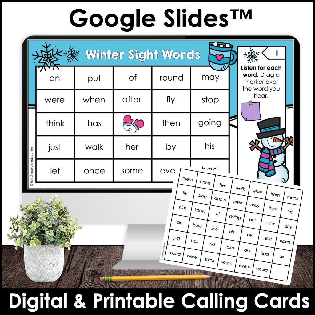 WINTER First Grade Sight Words Bingo Game - Print & Digital Google Slides™ - Hot Chocolate Teachables