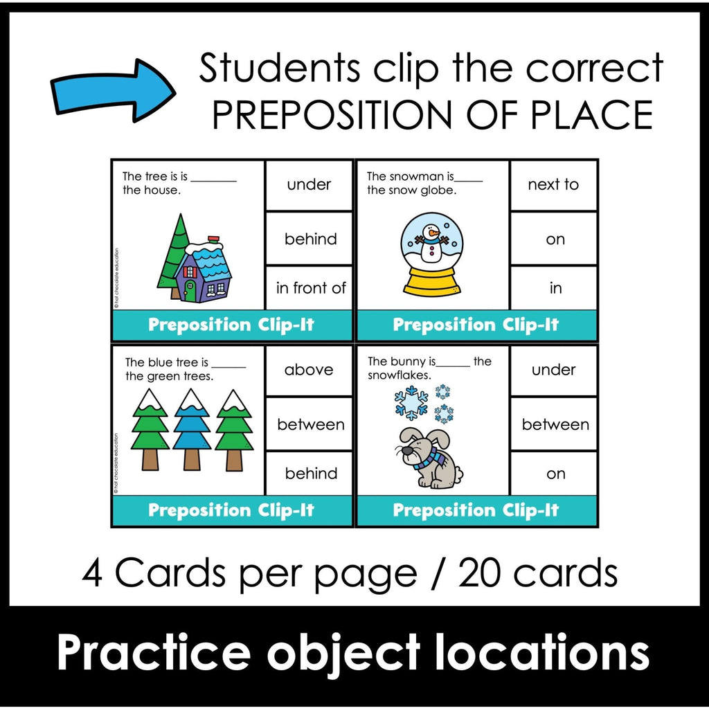 Winter Prepositions of Location and Spatial Concepts Activity Cards - Hot Chocolate Teachables