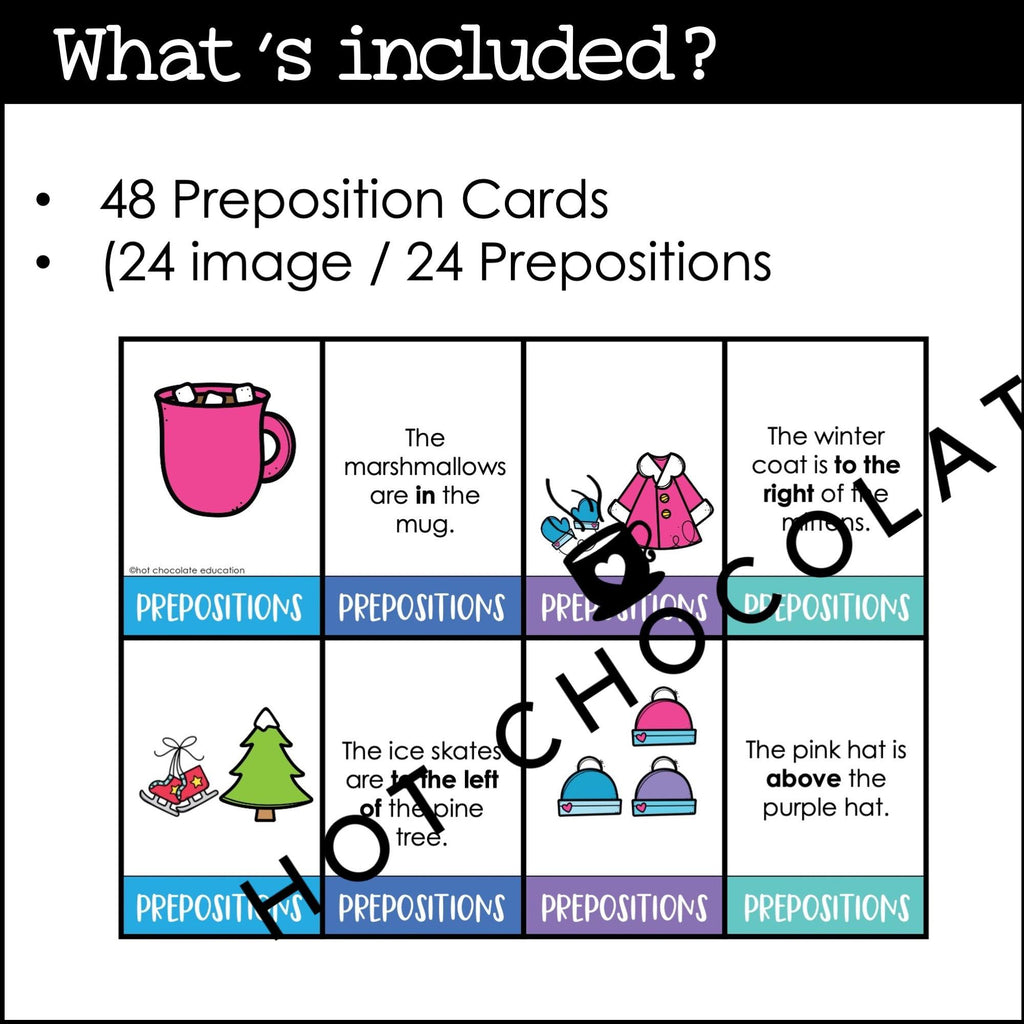 Winter Prepositions of Place Matching Cards: Prepositions Center Activity - Hot Chocolate Teachables