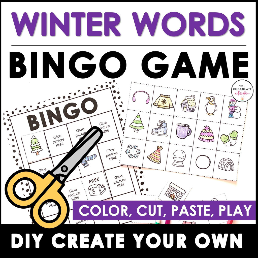 Winter Vocabulary Bingo Game - Cut and Paste Activity - Hot Chocolate Teachables