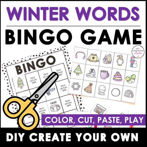 Winter Vocabulary Bingo Game - Cut and Paste Activity - Hot Chocolate Teachables