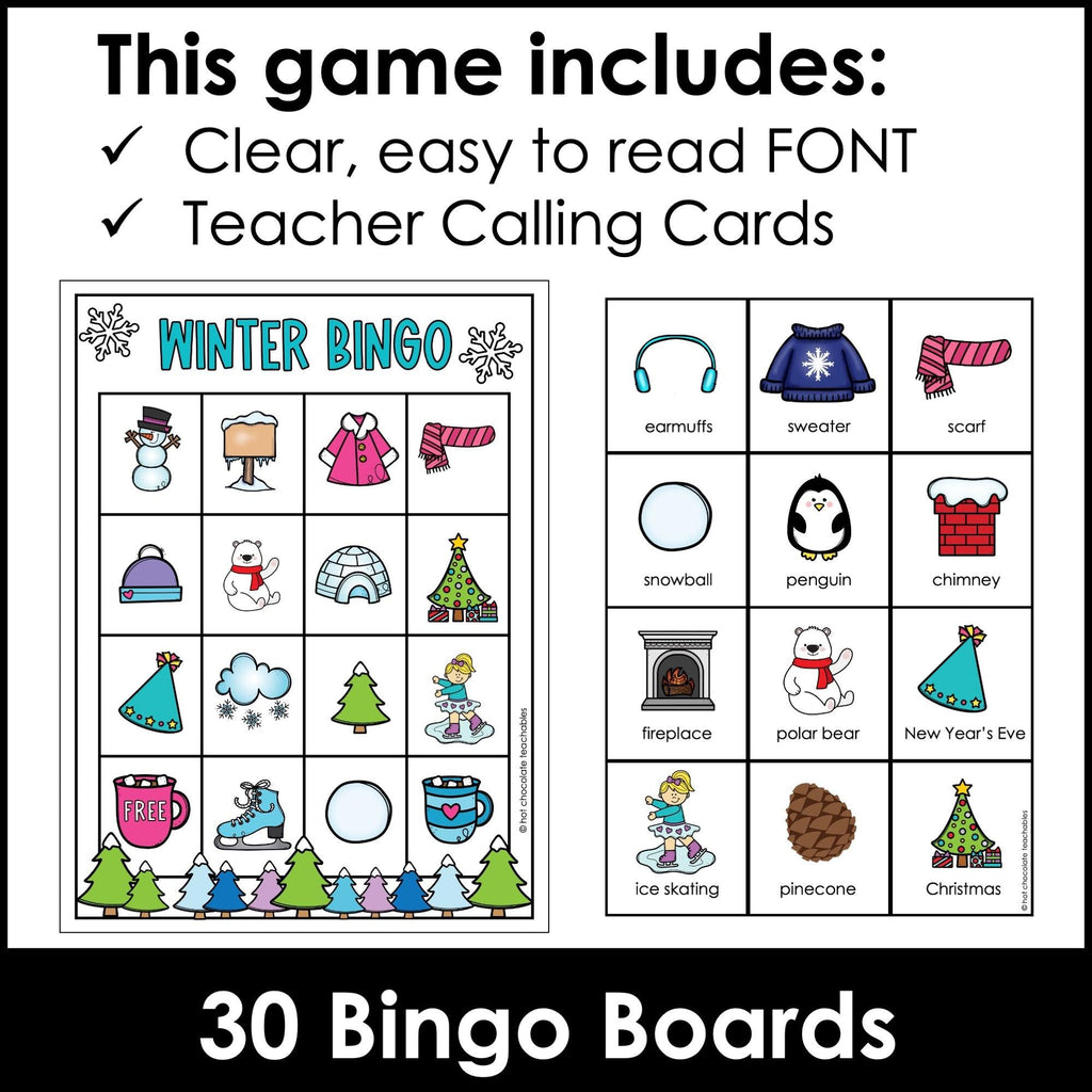 Winter Vocabulary Bingo Game | Seasonal Words - Activity for Young Learners - Hot Chocolate Teachables