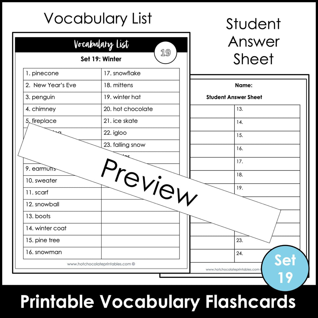 Winter Vocabulary Flashcards : ESL task cards - Flash Cards - Hot Chocolate Teachables