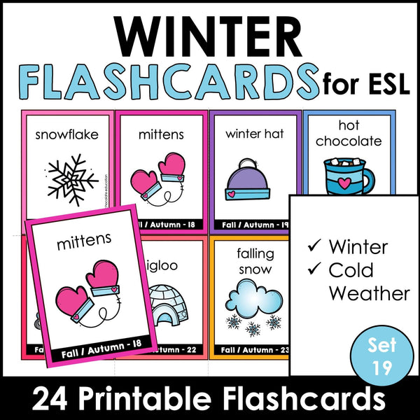 Winter Vocabulary Flashcards : ESL task cards - Flash Cards - Hot Chocolate Teachables
