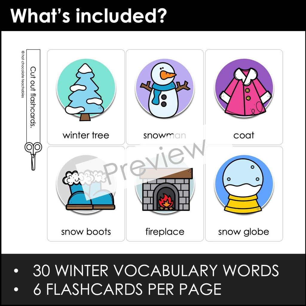 Winter Vocabulary Flashcards - Flash Cards with Editable text for ESL EFL ELA - Hot Chocolate Teachables