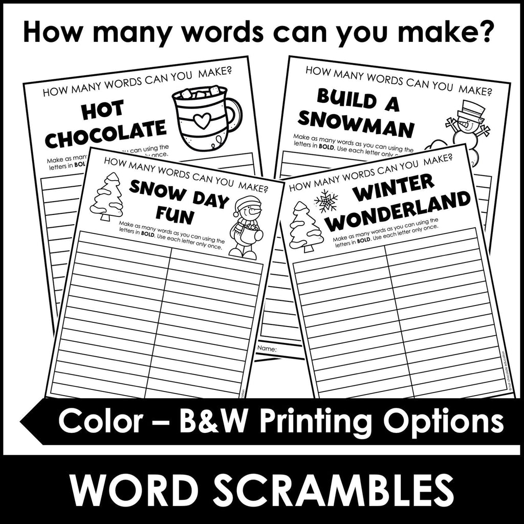 Winter Word Scramble Freebie! How many words can you make? - Hot Chocolate Teachables