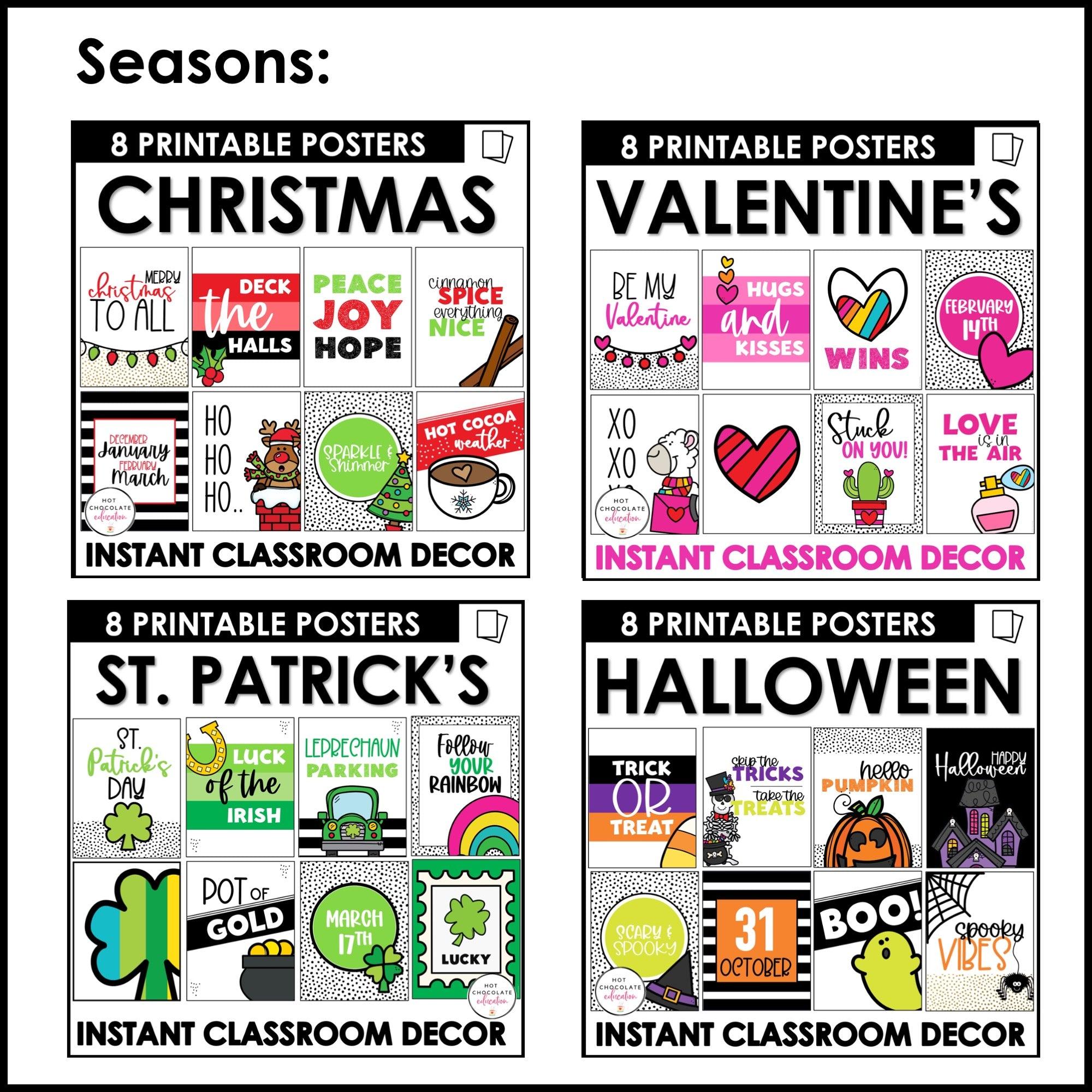 YEAR LONG Decorative Classroom Poster BUNDLE | SEASONAL Bulletin Board Decor - Hot Chocolate Teachables
