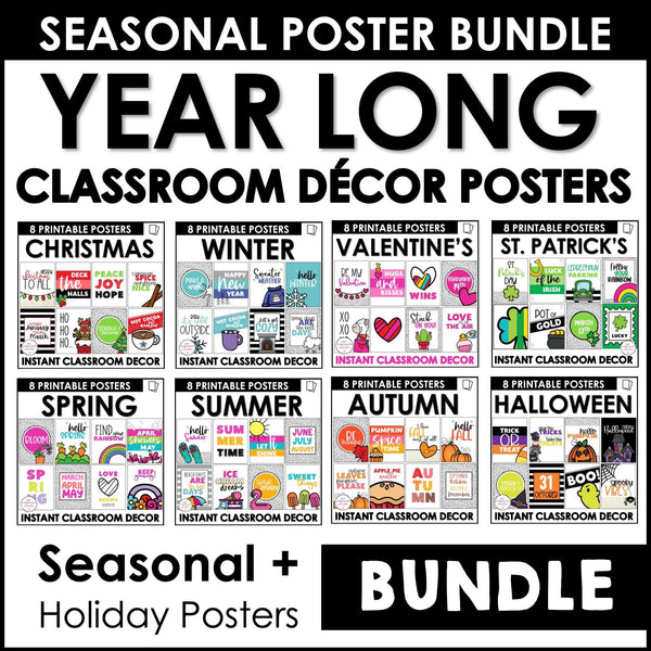 YEAR LONG Decorative Classroom Poster BUNDLE | SEASONAL Bulletin Board Decor - Hot Chocolate Teachables